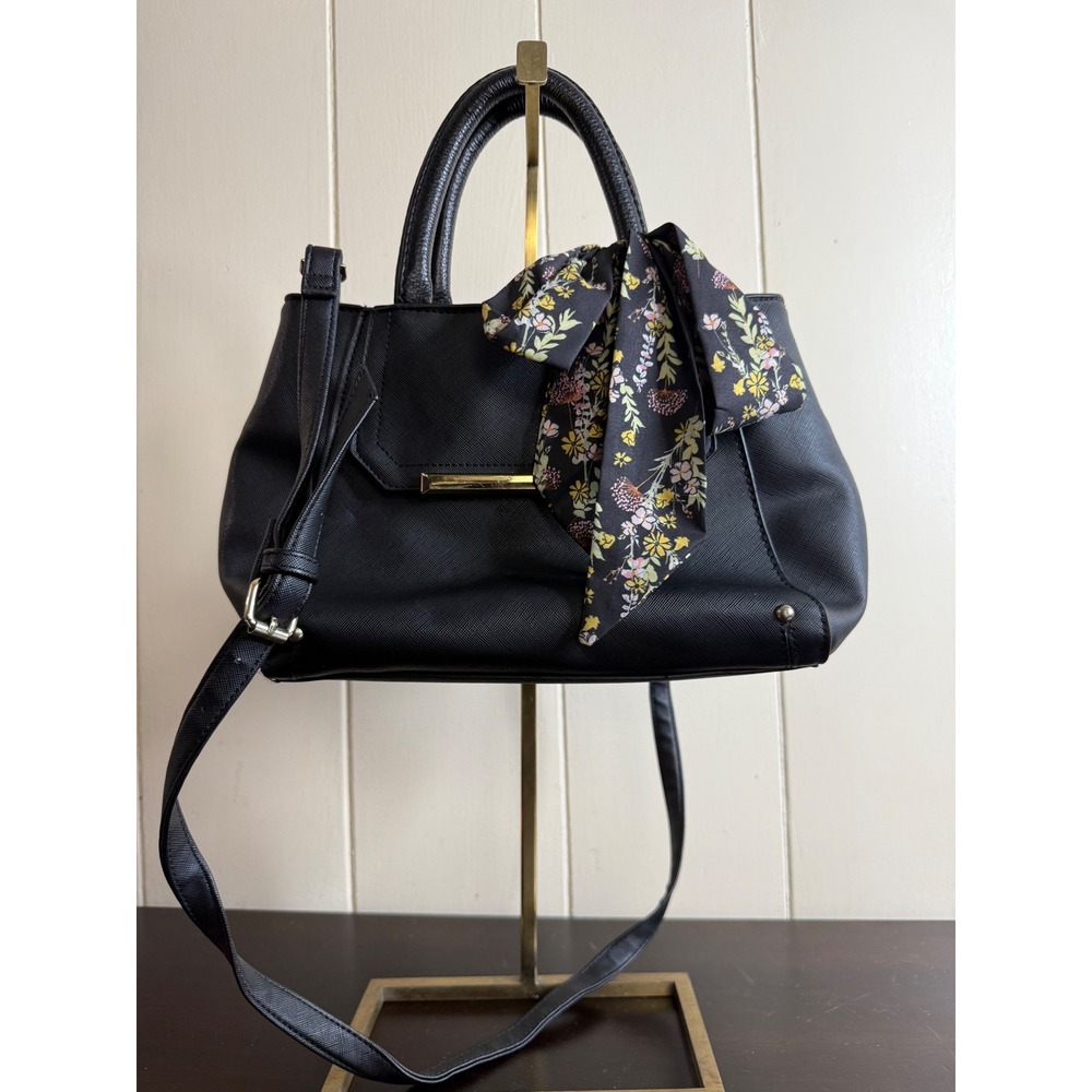 Steve Madden Satchel Handbag Women's Black Purse with Floral‎ Scarf Accent